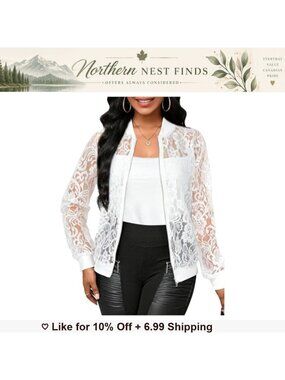 Lace Sheer Long Sleeve Zip-Up Bomber Jacket Lightweight